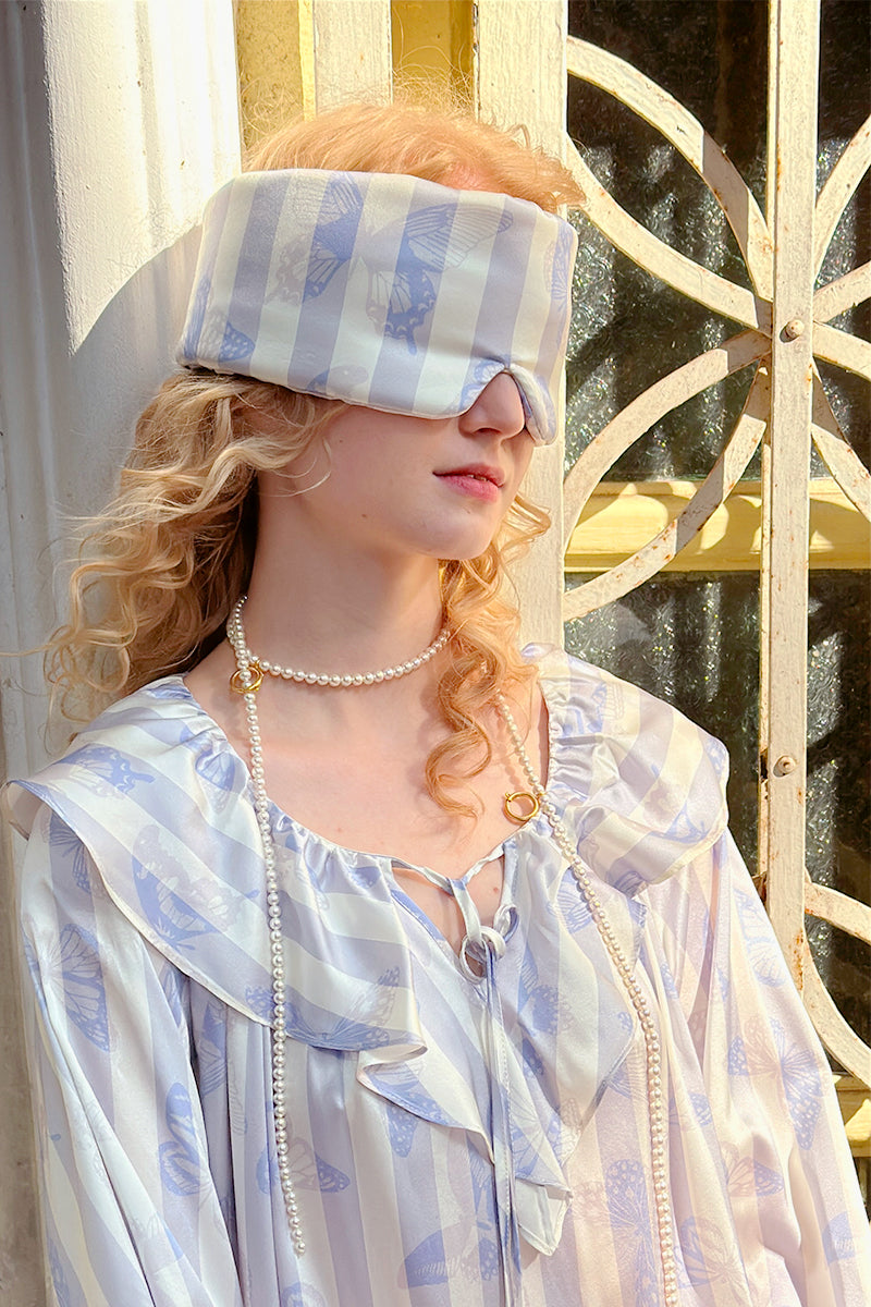 Large Silk Sleep Mask with Inner Pocket for Heat Patches-Purple Butterfly Stripe