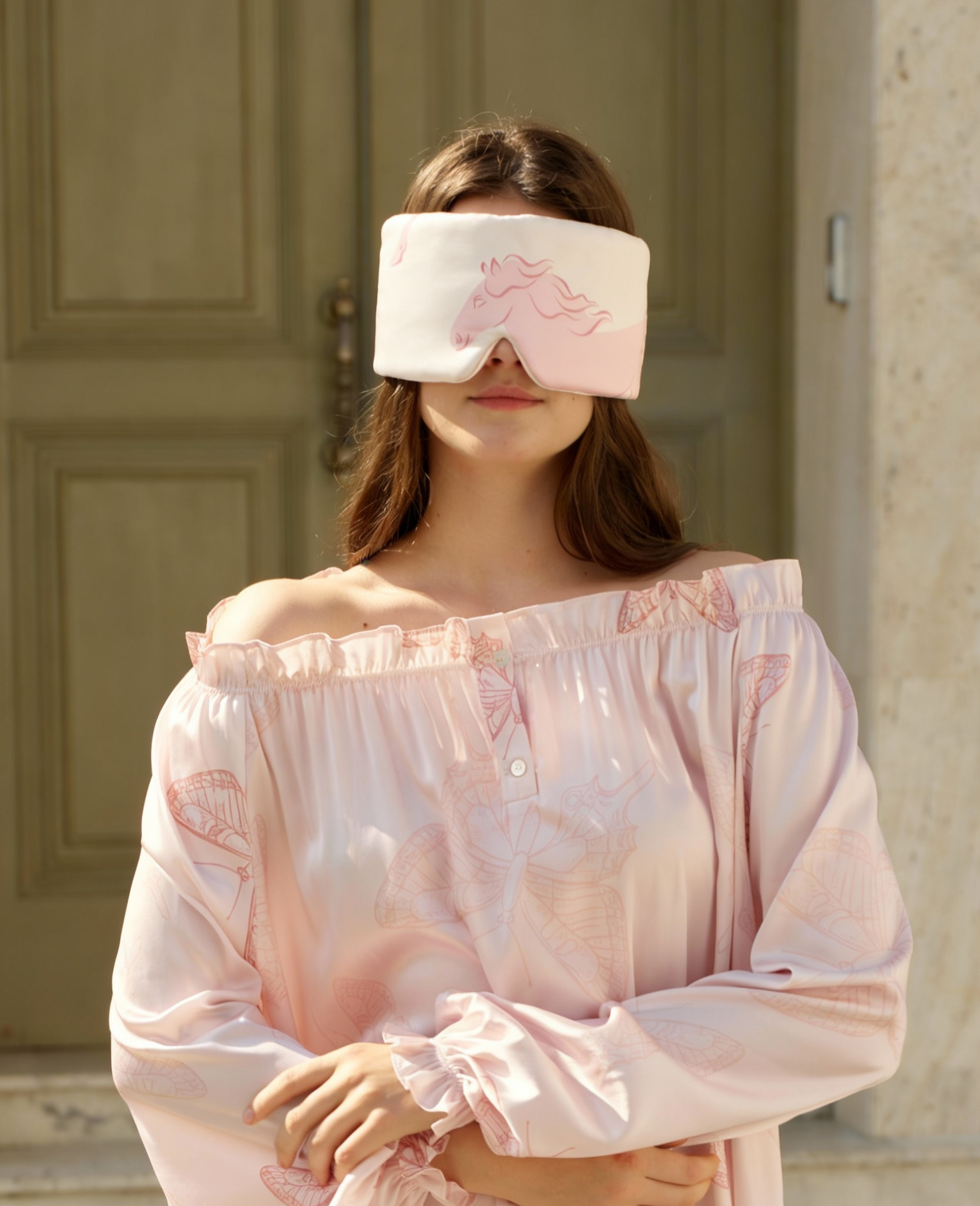 Large Silk Sleep Mask with Inner Pocket for Heat Patches-Pink Horse