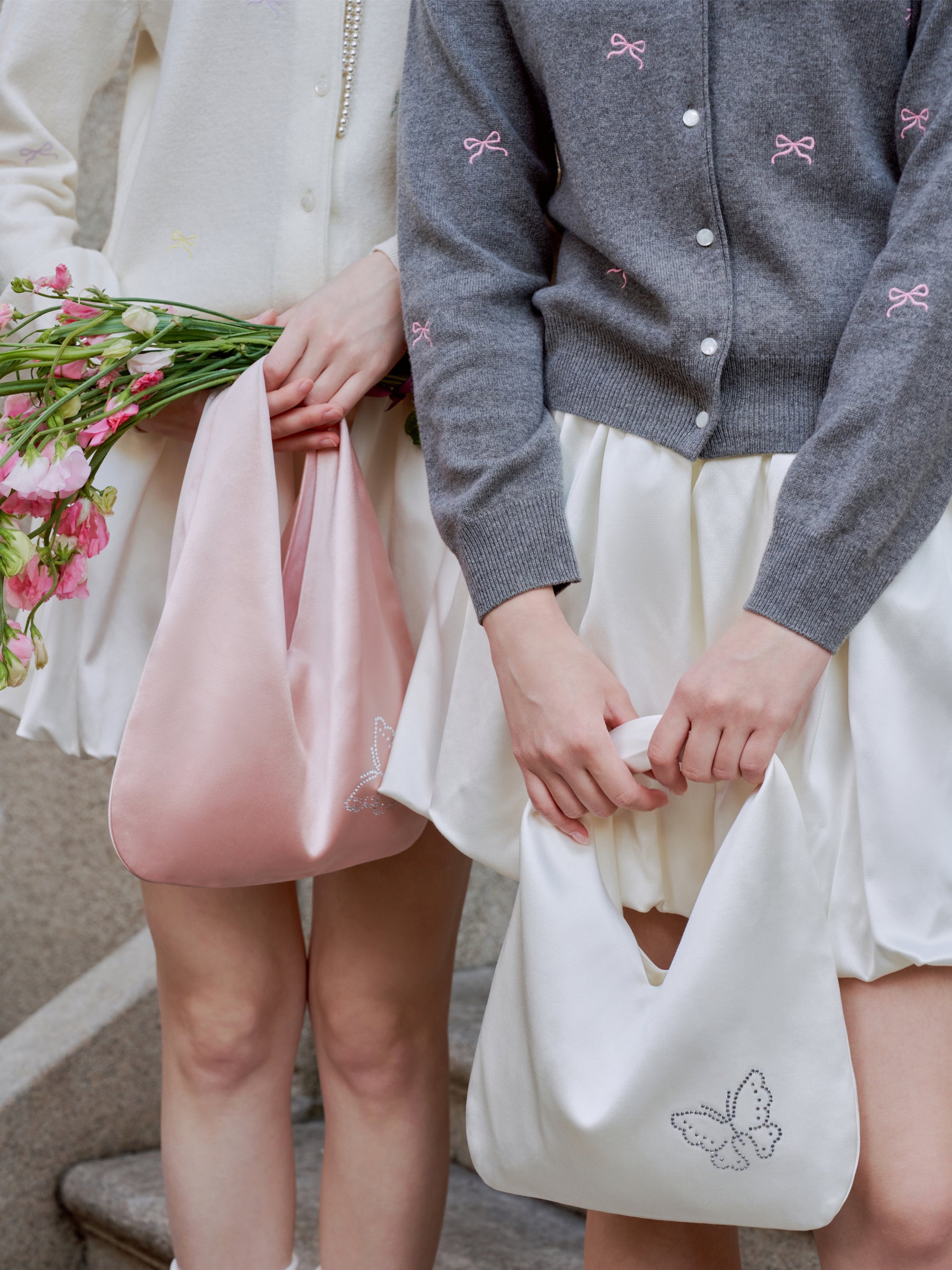 Butterfly & Blossom Collection Rhinestone Butterfly Satin Tote Bag-White