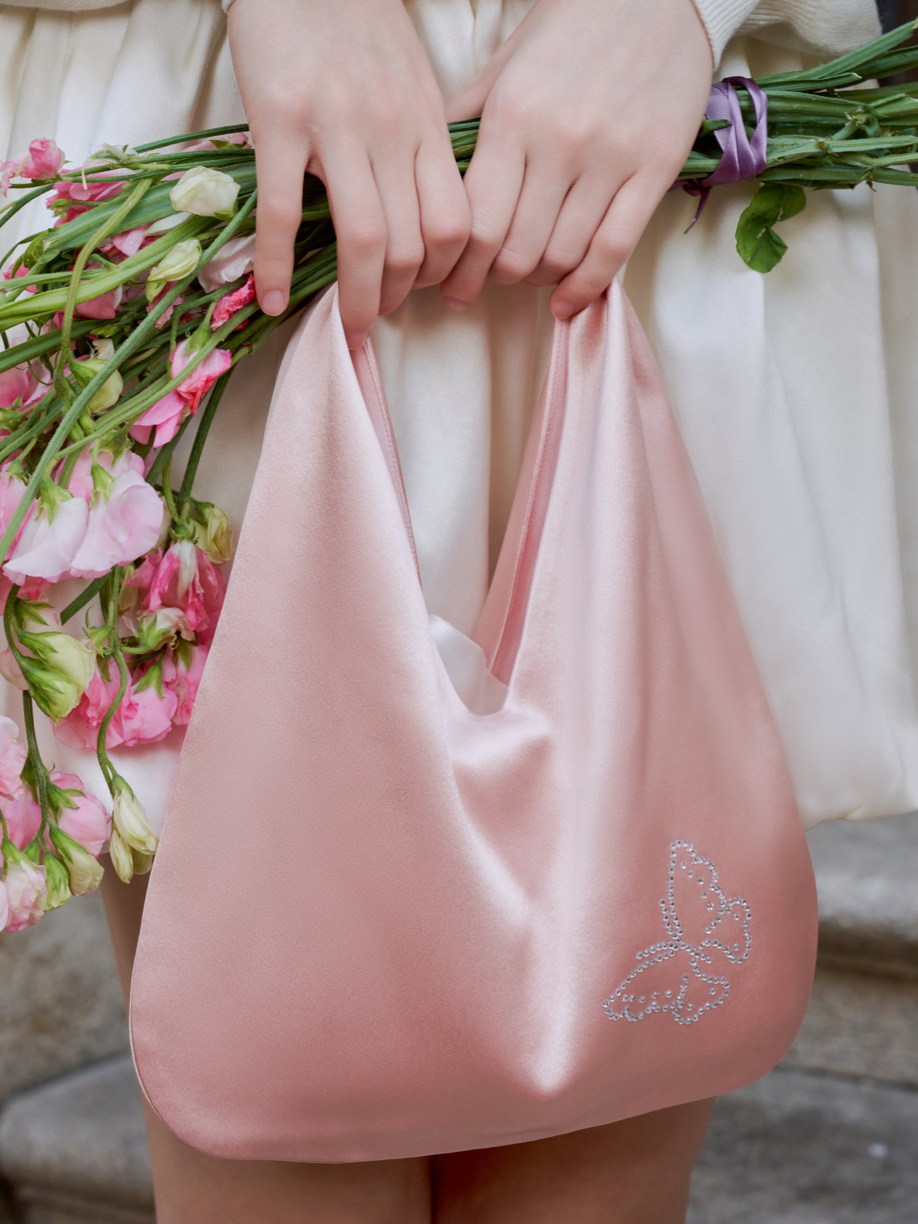 Butterfly & Blossom Collection Rhinestone Butterfly Satin Tote Bag-Pink