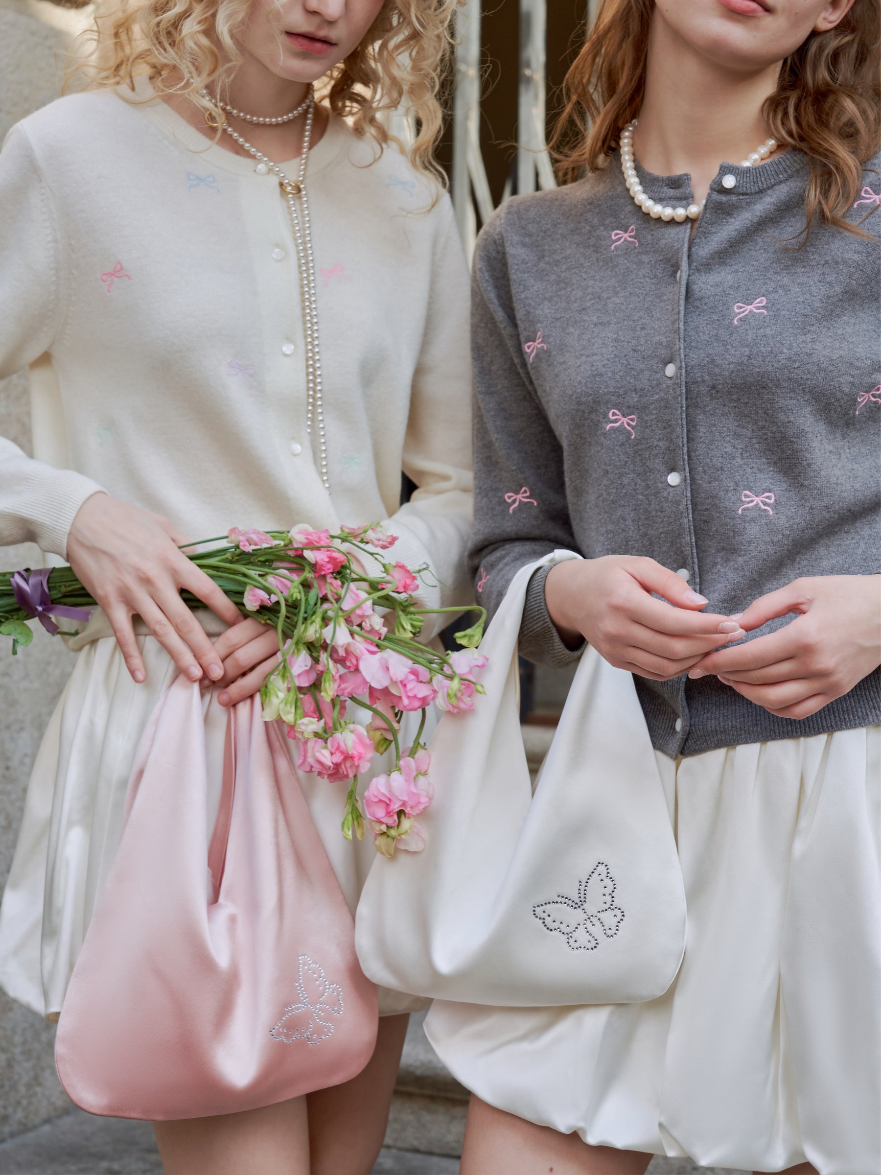 Butterfly & Blossom Collection Rhinestone Butterfly Satin Tote Bag-White