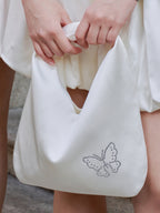 Butterfly & Blossom Collection Rhinestone Butterfly Satin Tote Bag-White